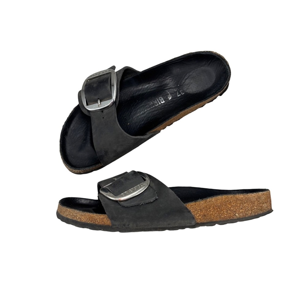 Birkenstock Madrid Big Buckle Black Oiled Leather Slide Sandals Womens 6 EU 37